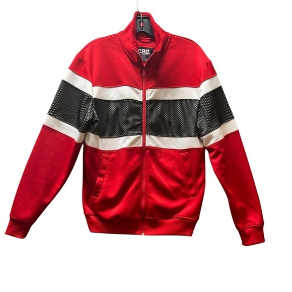 CSG. Sz Sp Heavy Sweat Stadium Jacket Red White Black Zip Up Long Sleeve Stretch - Picture 1 of 6